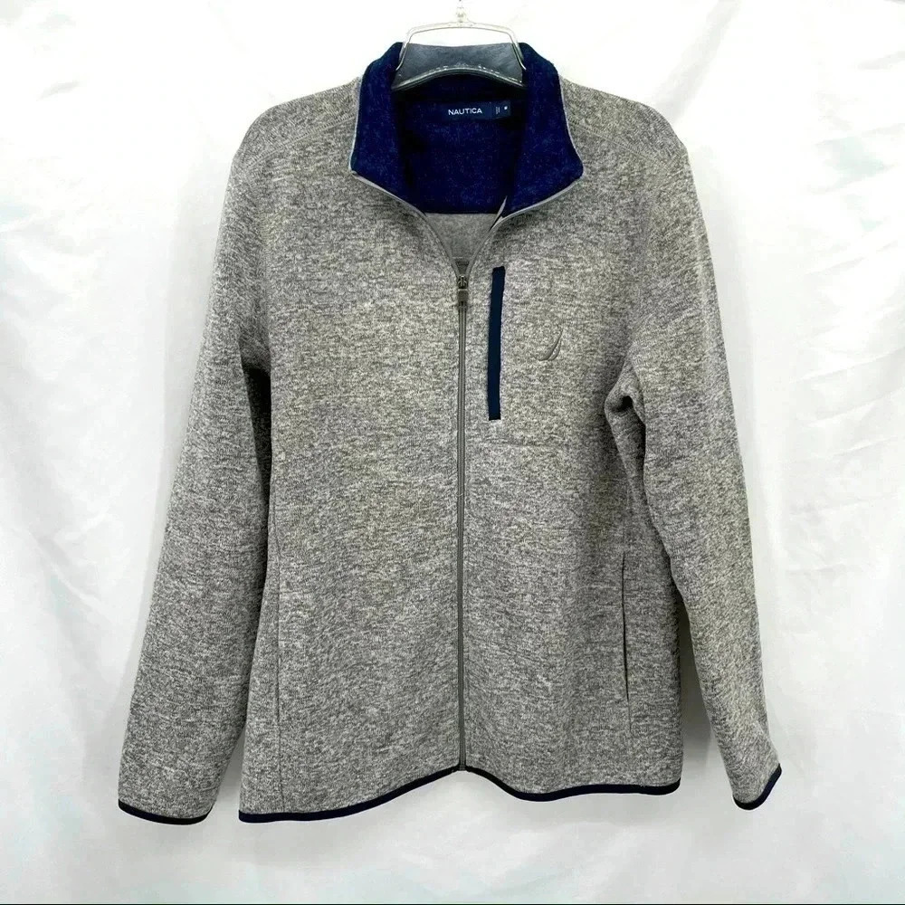 Nautica Men’s Gray Knit Jacket Medium Full‎ Zip Closure Pockets